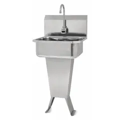 This AC-powered freestanding hand sink includes a faucet with a 0.5 gpm flow rate. The bowl measures 17 inches in length and 7 inches in depth. Side splash is not included. Suitable for commercial restrooms and other high-traffic hand-washing areas.