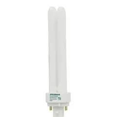 This 26-watt compact fluorescent lamp features a double twin-tube T4 design with a 4-pin G24q-3 base. It produces 4100K cool white light and is dimmable, making it suitable for general lighting in commercial and industrial fixtures such as recessed troffers, wall sconces, and ceiling-mounted luminaires.