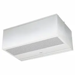 This heated recess-mounted air curtain delivers 1,437 cfm for a 3 1/2 ft opening width. It operates on 230V AC, 1 Phase, and features a white aluminum housing. Suitable for separating indoor and outdoor environments in commercial or industrial doorways.