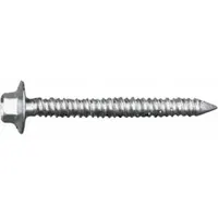 Steel hex-head screw anchor with drilling tip and EPDM sealing washer. Removable design for fastening fixtures to concrete, brick, or block. 1/4 in diameter, 1,000-pack
