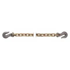 This PEERLESS transport chain is made of carbon steel with welded straight links, weighing 1.38 lb per foot. It includes a grab hook and is designed for tie-down and securing applications. Not for lifting.
