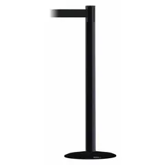 This retractable belt post barrier features a black metal alloy post and cast iron base, with a 7 1/2 ft black belt that has no pattern or legend. It is used for crowd control, queue management, and defining restricted areas in industrial facilities, airports, and event venues.