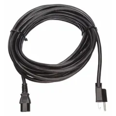 This power cord connects electronic equipment with a C13 power inlet to a standard 5-15P wall outlet. It features a 25 ft length, 3/14 conductor configuration, SJT cord type, and a PVC jacket. Rated for 15 A current, it is suitable for use in data centers, server rooms, and industrial workstations.