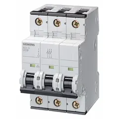 Siemens 5SY6 series supplementary protector, 3-pole, C-curve, rated 20A at 400V AC with 5kA interrupting capacity. UL1077 listed for DIN rail mounting. Screw clamp terminals. Suitable for branch circuit and equipment protection in industrial control panels, HVAC, and machinery applications.