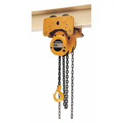 Manual chain hoist with push trolley for lifting and moving loads along an I-beam. Rated for 1,000 lb capacity with 10 ft lift length. Equipped with a hook featuring a safety latch for secure load attachment. Suitable for material handling tasks in workshops, warehouses, and assembly lines.
