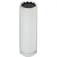 This 1/4" drive hand socket features a 16 mm, 12-point deep design for accessing recessed metric fasteners. The chrome finish provides corrosion resistance. Suitable for use with standard 1/4" drive ratchets in automotive repair, machinery maintenance, and industrial assembly.