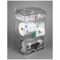 This clear PETG benchtop organizer holds conical tubes for convenient sample storage and access in laboratory settings. It measures 11 inches wide, 16 5/8 inches high, and 11 inches long, designed for benchtop mounting.