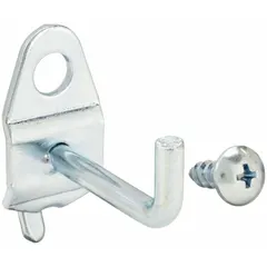 This 90-degree single hook is designed for surface mounting on round-hole pegboards. It features a screw-in locking system for secure attachment and is made of zinc-plated steel with a silver finish. Suitable for organizing tools and other items in workshops, garages, and retail displays. Includes screws for installation.