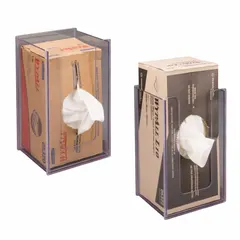 Wall-mounted wipe holder made of clear PETG for visibility of contents. Measures 5 1/4 in wide, 10 in high, and 5 7/8 in deep. Holds one standard Wypall box. Suitable for laboratories and cleanrooms where convenient access to wipes is needed.