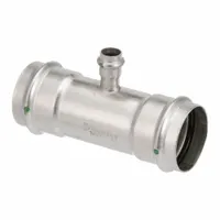 This stainless steel press tee fitting is used in potable water systems to create a branch line from a main pipe run. It features a rubber seal and is designed for use with Viega ProPress systems, suitable for copper or stainless steel tubing. The fitting provides reliable, leak-free connections in residential and commercial plumbing applications