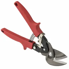 Offset general purpose metal snips for left-hand use. Steel blades with plastic handle and metal grip. Overall length 10 in, cutting length 1 1/4 in. Suitable for cutting mild steel and other sheet metals in HVAC, roofing, and fabrication applications.