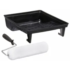 This roller kit includes a 9-inch 4 wire cage roller frame with a 3/8-inch nap, designed for use with latex flat paints on semi-smooth drywall surfaces. Suitable for applying paint to interior walls and ceilings.