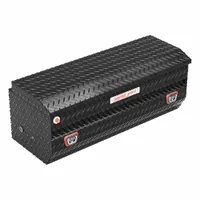 Aluminum single-lid utility chest truck box with gloss black finish. Features push-button latch and keyed lock. Overall depth 20 inches. Designed for secure storage of tools and equipment in pickup truck beds