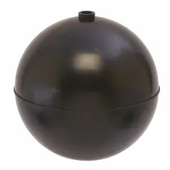 This polypropylene threaded float ball features an internal 1/4"-20 IPS thread for secure mounting. It is used in liquid-level control applications, such as activating switches or valves in tanks and vessels, where corrosion resistance is required.