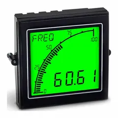 Frequency digital panel meter with white LCD display, 9 to 9,999 display span, 0.5% accuracy, True RMS AC magnitude calculation, and RS-485 interface. Operates on 12-24 V AC, NEMA 4 rated, with internal removable terminal blocks. Suitable for monitoring frequency in AC power systems.