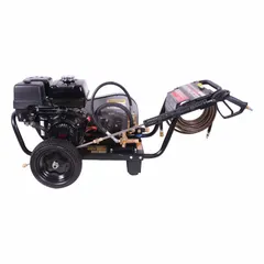 Gas-powered cold water pressure washer mounted on a cart for mobility. Delivers 2,500 psi at 4.4 gpm with an 8 3/8 hp Honda engine. Suitable for cleaning concrete, equipment, vehicles, and surface preparation in industrial and commercial settings.