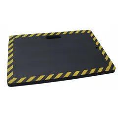 This CONDOR kneeling pad is made of black rubber with a 1 in thickness, providing cushioning on hard surfaces. The cutout handle allows for easy carrying and portability. Suitable for use in industrial, construction, and maintenance settings where kneeling tasks are performed.