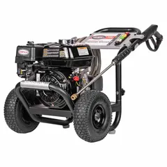Gas-powered cold water pressure washer mounted on a cart for mobility. Delivers 3,300 psi at 2.5 gpm with a Honda engine. Suitable for medium-duty cleaning tasks such as driveways, decks, siding, and equipment.