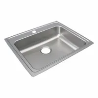 This one-bowl sink is designed for drop-in installation on countertops in kitchen and bar settings. It has an overall width of 21-1/4 inches and a bowl depth of 5-1/2 inches, finished in silver/gray. The sink is supplied without a faucet