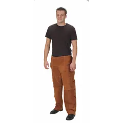 These CONDOR welding chaps are made from brown cowhide leather, offering protection against sparks, spatter, and radiant heat during welding and metalworking. With a 40-inch overall length and 34-inch minimum waist size, they feature snap closures at the leg and ankle, plus an adjustable strap at the waist for a secure fit. Suitable for industrial fabrication, maintenance, and repair tasks.