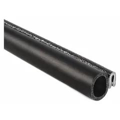 This round-bulb edge trim seal features a PVC outer and EPDM bulb, with a side bulb profile and single-tongue gripping style. It has a 3/8 in leg length, black color, and is UL50E listed. Used to protect panel edges and provide a weather-resistant seal in enclosures, cabinets, and industrial equipment.