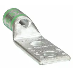This two-hole compression lug is designed for terminating 1 AWG stranded copper wire. It features a standard copper barrel and an inspection hole to verify full wire insertion before crimping. Suitable for industrial electrical connections requiring a secure, two-hole mounting configuration.