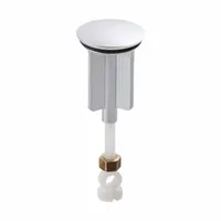 This stopper assembly is a replacement part for sink drains, featuring a polished chrome finish. The adjustable stem allows fitting various drain configurations. It is used to seal the drain opening when closed