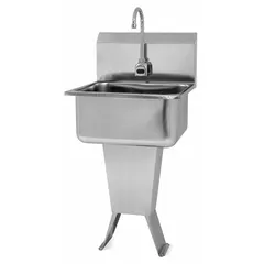 This one-station freestanding hand sink is equipped with a sensor faucet for touch-free operation. It features a 19 in bowl length, 10 in bowl depth, and a 2 gpm flow rate. AC powered, it is suited for commercial settings requiring hands-free handwashing. Side splash not included.