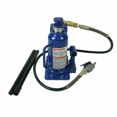 Steel-bodied bottle jack with a 12-ton load capacity. Features a manual handle lifting actuator and supports air/mechanical operation. High-clearance design allows lifting in tight spaces for industrial maintenance and repair applications.