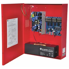 This power supply board with steel enclosure serves as an extender for notification appliance circuits in fire alarm systems. It operates on 120V AC input and supports Class A and Class B wiring configurations.