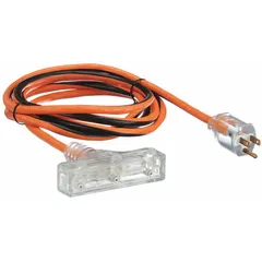 This outdoor extension cord features three grounded outlets and a 10-foot length, constructed with 14/3 SJTW wire for weather resistance. It is rated for temperatures from -40° to 167°F, making it suitable for powering tools, lights, or equipment in outdoor environments such as construction sites or landscaping. The NEMA 5-15P plug connects to standard household receptacles.