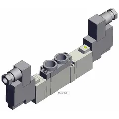 Double solenoid, five-way/three-position directional control valve with closed center, spring return to center, and 5 ports. Operates on 24V DC with DIN solenoid connector, internal pilot, and non-locking manual override. Used in pneumatic systems for controlling air flow direction and cylinder positioning in industrial automation.