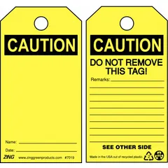Yellow single-part caution tags with pre-printed header, supplied in a pack of 10. Each tag is designed for attaching to equipment, panels, or machinery to communicate cautionary warnings in industrial environments.