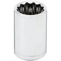This 1/2" drive hand socket features a 15 mm socket size with a 12-point configuration for use on metric fasteners. Made of chrome, it is suited for tightening or loosening bolts in automotive repair, machinery maintenance, and general assembly tasks.