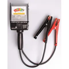 Analog display battery tester for 12V and 6V batteries. Used in automotive, marine, and industrial maintenance to check battery charge status.