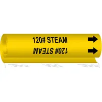 Yellow wrap-around pipe marker with black legend reading '120# Steam' and directional arrows. Fits pipe outer diameters from 1-1/2 to 2-3/8 inches. Used to identify pipes carrying 120 psi steam in industrial facilities, aiding compliance with labeling standards