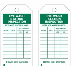 Paper tag for documenting routine inspections of eyewash stations in indoor facilities. Green/white design with cotton cord for attachment. Each tag measures 3 inches wide by 5 3/4 inches high. Sold in packs of 100.