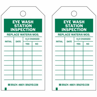 BRADY Tag: Eyewash Station Inspection, 3 in Wd, 5 3/4 in Ht, Green/White, Paper - Safety