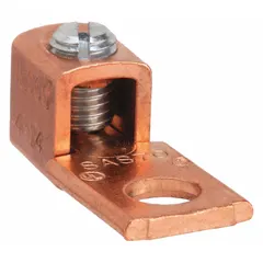 Straight mechanical lug with unplated copper body for terminating or splicing stranded copper wire. Accepts wire sizes from 14 AWG to 4 AWG and fits a 17/64 in stud. Used in electrical panels, switchgear, and power distribution systems.