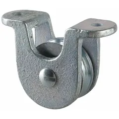 This upright-mount pulley block is designed for pulling operations in material handling and rigging applications. It features a steel sheave and steel housing, with a bolt-on mounting configuration for secure attachment to structures.