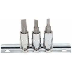 This 25-piece slotted bit socket set features a 1/4 in drive size and includes 8 slotted bit sockets with an overall length of 1 9/16 in. The set covers SAE sizes from 1/4 in to 5/32 in. Suitable for driving slotted screws in assembly and maintenance tasks.