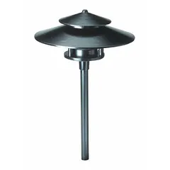 This LED pathway light operates on 12V AC, delivering 105 lumens at 3000K with a 2 W power draw. The green housing and 17 1/4 in overall height suit low-voltage landscape lighting for walkways, gardens, and driveways.
