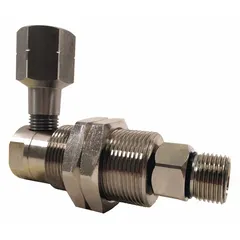 This nickel-plated C38500 brass rotary union elbow transfers air from a stationary supply to a rotating shaft. It features a single passage, a 3/8 in rotating shaft, and a ceramic seal. Rated for a maximum speed of 2000 RPM, it is suited for applications requiring a compact elbow connection in rotating machinery.