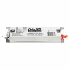 Instant start electronic ballast for fluorescent lamps. Operates on 120V AC and supports 1, 2, 3, or 4 F13DBX lamps. Overall length of 6-1/2 inches. Suitable for use in commercial and industrial lighting fixtures.