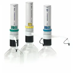 Bottle top dispenser with adjustable volume range of 0.25 mL to 2 mL and accuracy of +/-1.8%. Designed for direct mounting on reagent bottles for precise liquid dispensing in laboratory workflows.