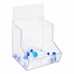 This wall-mounted bulk bin is made of clear PETG, allowing quick visual identification of contents. With overall dimensions of 8 5/8 in width, 9 1/8 in height, and 8 3/4 in length, it is designed for organizing miscellaneous lab supplies in laboratory or cleanroom environments.