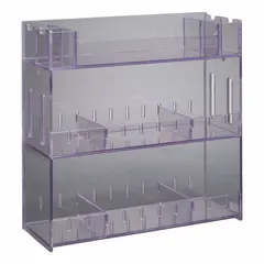 Clear PETG benchtop organizer with three levels for storing miscellaneous lab supplies. Measures 18 3/8 in height, 18 3/4 in length, and 6 1/2 in width. Suitable for keeping small tools, consumables, or samples organized and accessible on a laboratory workbench.