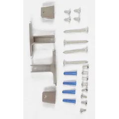 Brushed stainless steel mid panel bracket for phenolic bathroom partitions. Includes (4) #14 x 3/4 in theft resistant stainless steel screws. Overall height 2-1/2 in, width 3-1/2 in. Used to secure and align panel joints in commercial restroom partitions.