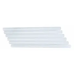 Clear hot melt adhesive sticks for bonding rubber, fabric, and foam. Each stick measures 7/16 in diameter and 10 in length, with a melting temperature of 194°F. Suitable for general-purpose industrial bonding tasks. Supplied in a 24-count pack.
