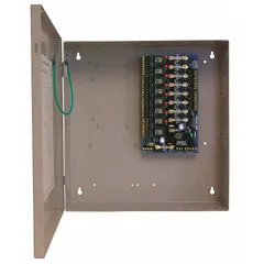 Power controller with 8 fused outputs for distributing controlled power in access control systems. Accepts 12/24V AC/DC input. Housed in a steel enclosure.